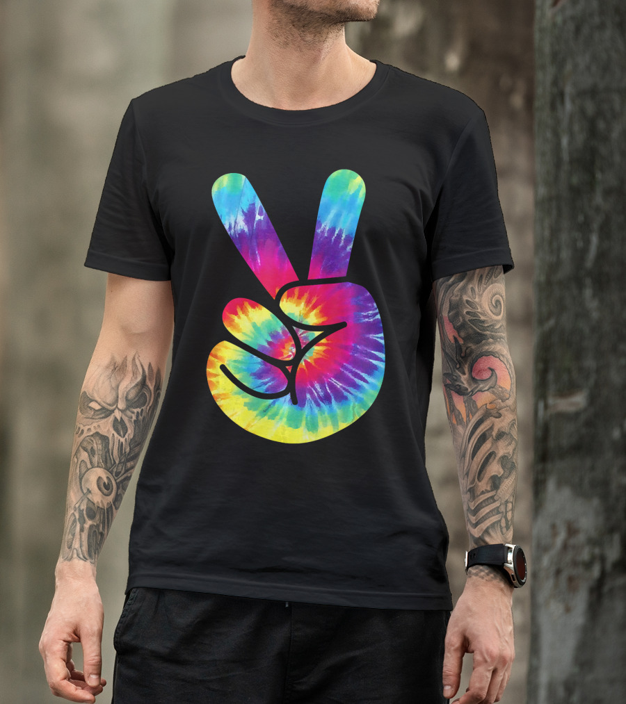 Groovy Tie Dye Peace Sign Two Finger Gesture T-Shirt
