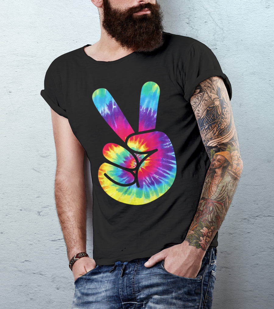 Groovy Tie Dye Peace Sign Two Finger Gesture T-Shirt