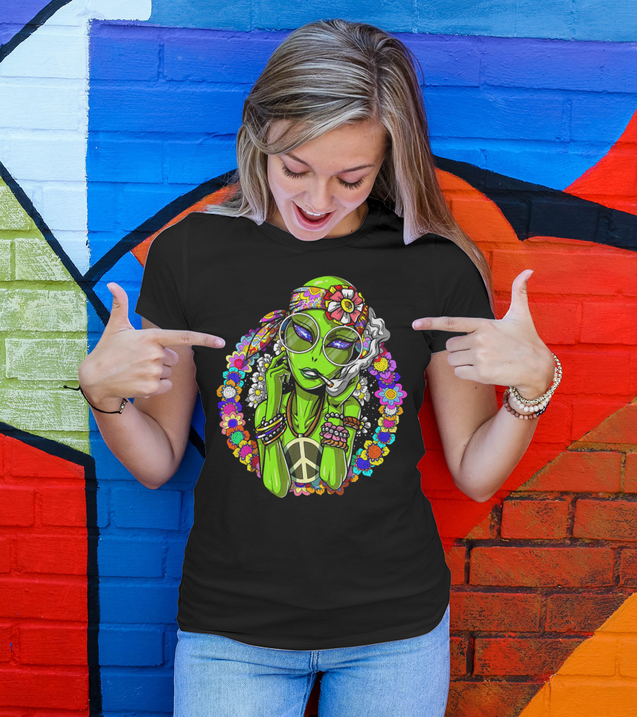 Psychedelic Hippie Alien Smoking With Peace Symbol Surrounded By Vibrant Flowers T-Shirt