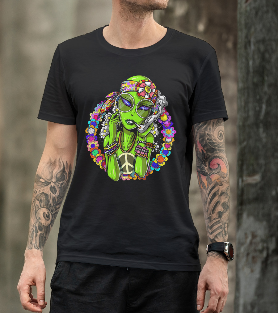 Psychedelic Hippie Alien Smoking With Peace Symbol Surrounded By Vibrant Flowers T-Shirt