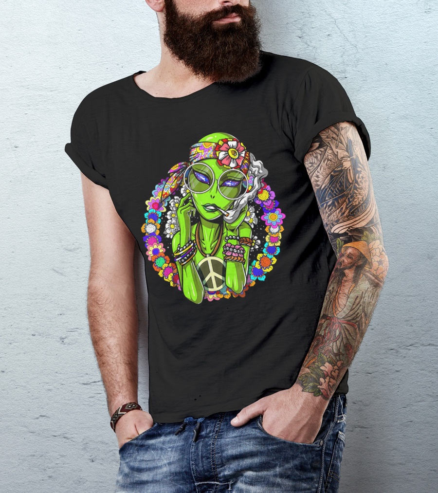 Psychedelic Hippie Alien Smoking With Peace Symbol Surrounded By Vibrant Flowers T-Shirt