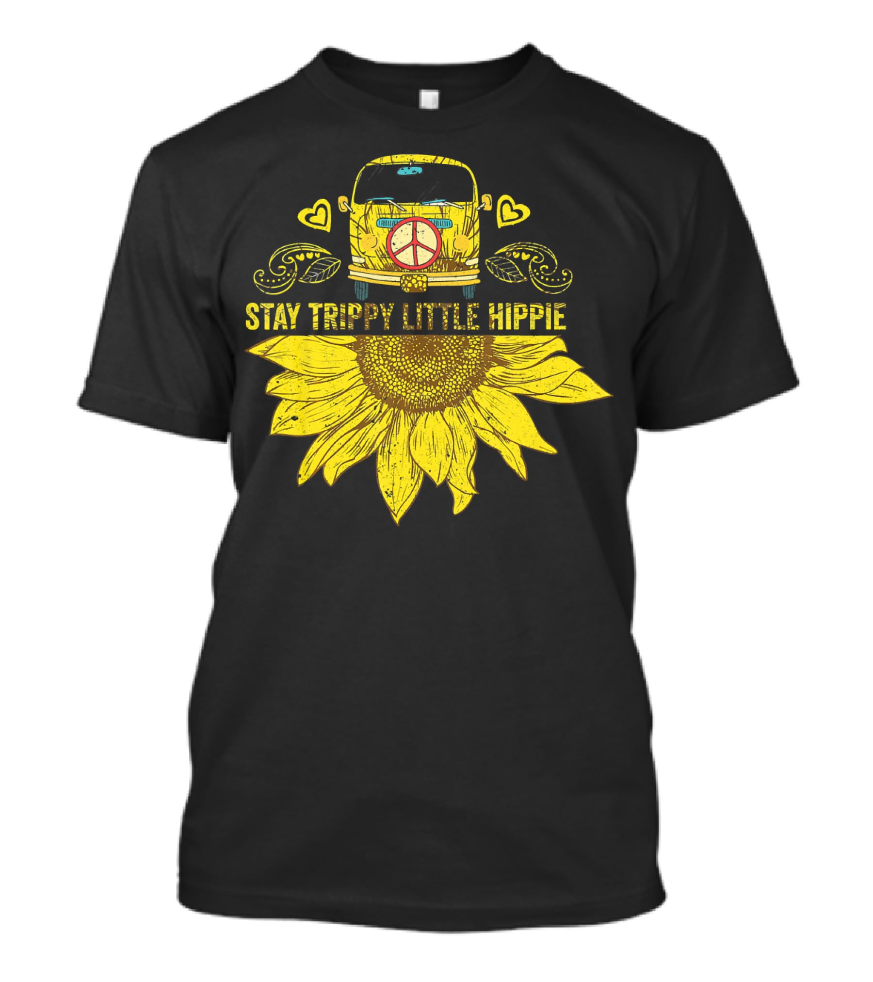 Stay Trippy Little Hippie Peace Sign Bus With Sunflower And Hearts T-Shirt