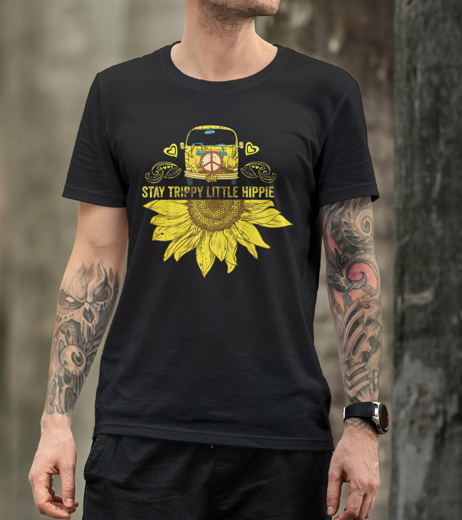 Stay Trippy Little Hippie Peace Sign Bus With Sunflower And Hearts T-Shirt
