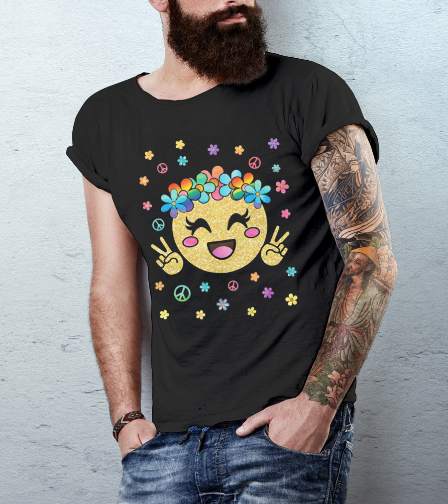 Emoji Kawaii Glitter Peace Rainbow Flower Crown T-Shirt