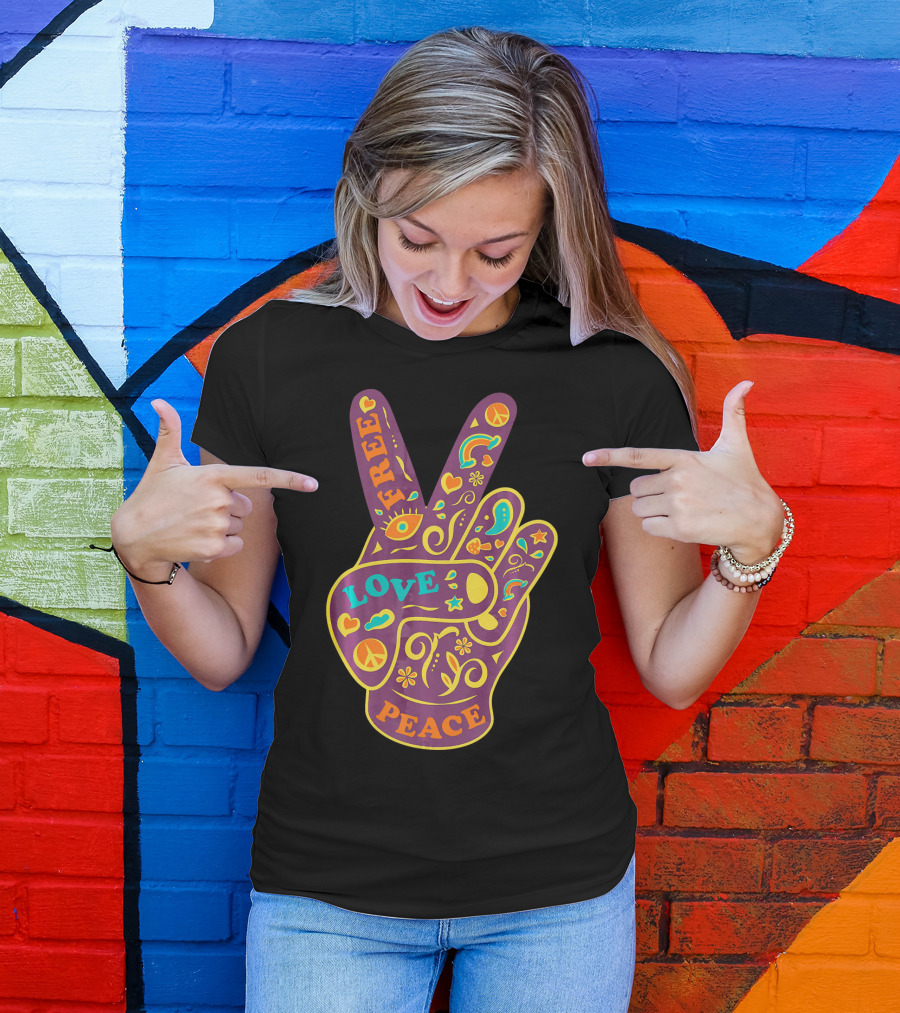 Free Love Peace Bohemian Boho Chic Peace Sign Hand T-Shirt