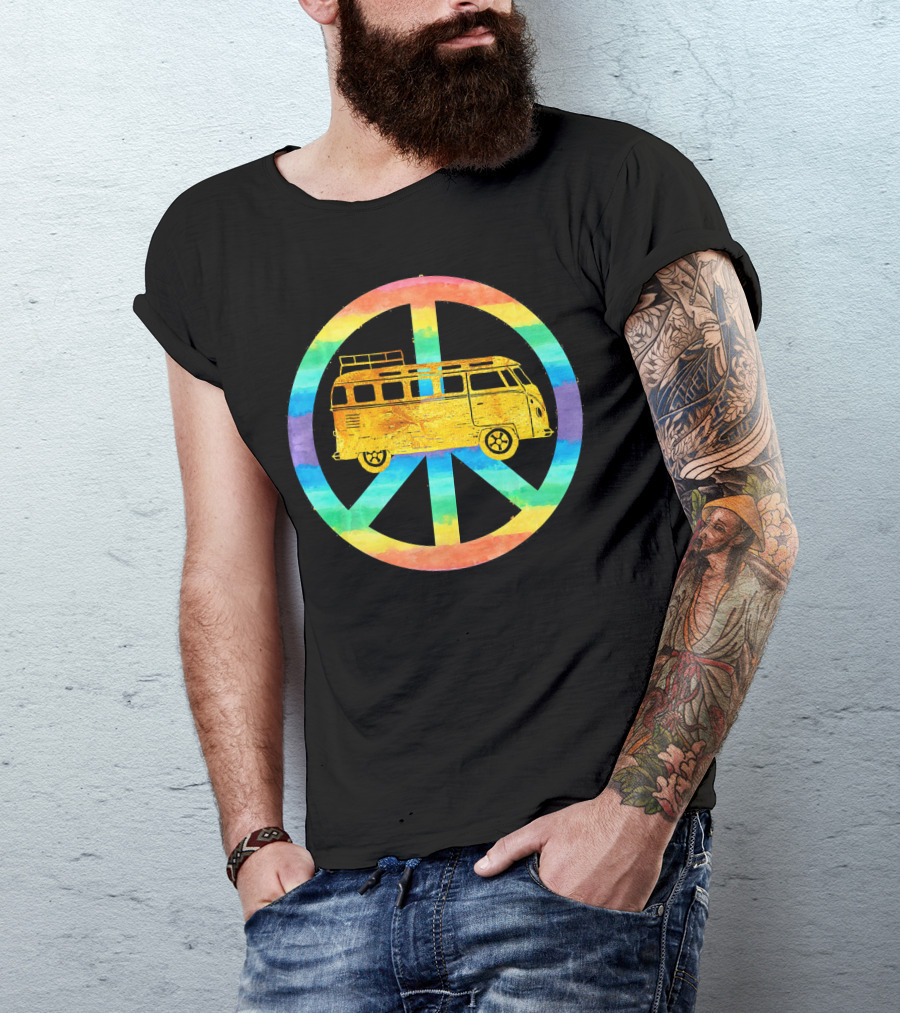 Vintage Hippie Bus Rainbow Van Peace Sign T-Shirt