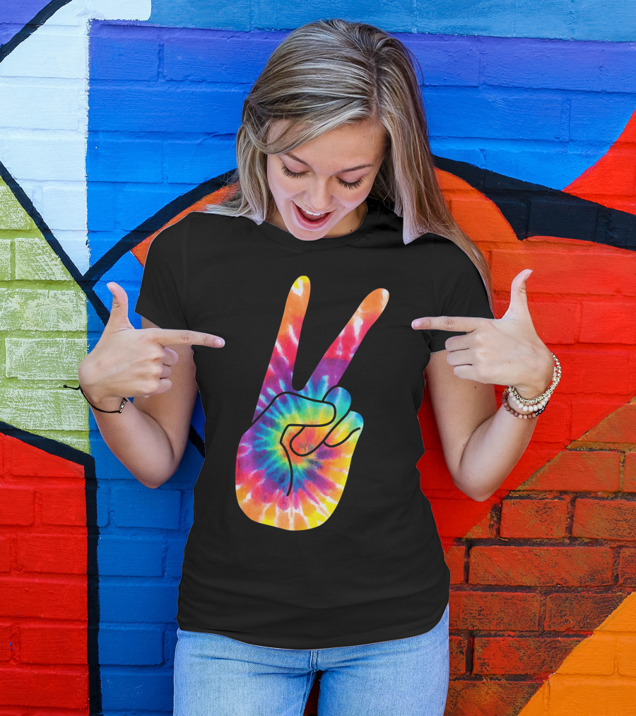 World Peace Tie-Dye V Hand Sign 60s 70s Retro T-Shirt