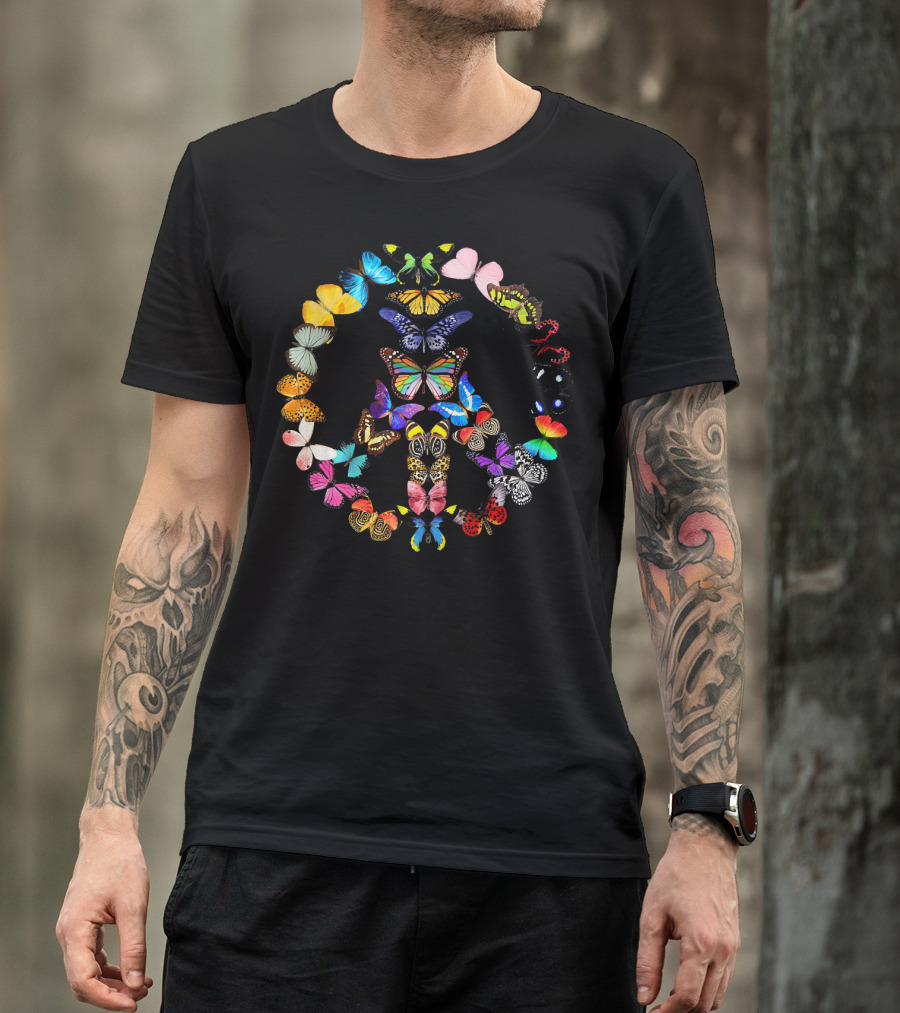 Peace Sign Butterflies 1960s Vibes Rainbow Colors T-Shirt