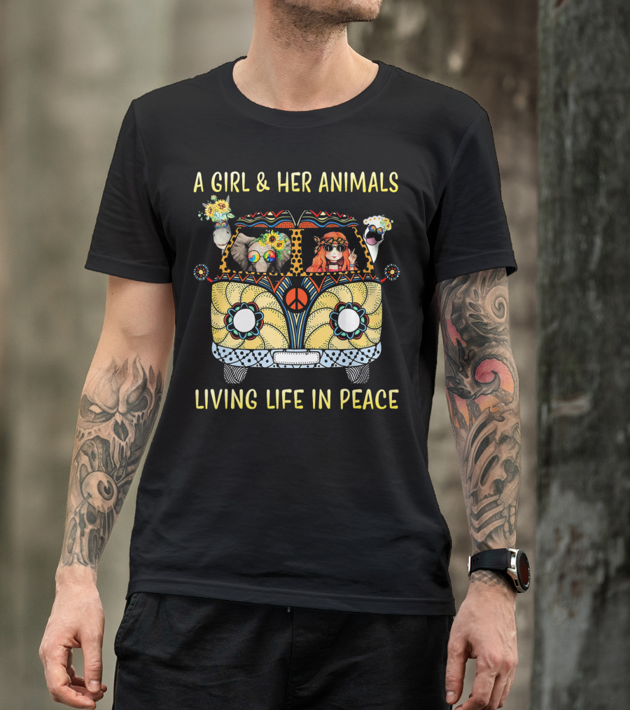A Girl And Her Animals In A Hippie Van Living Life In Peace T-Shirt
