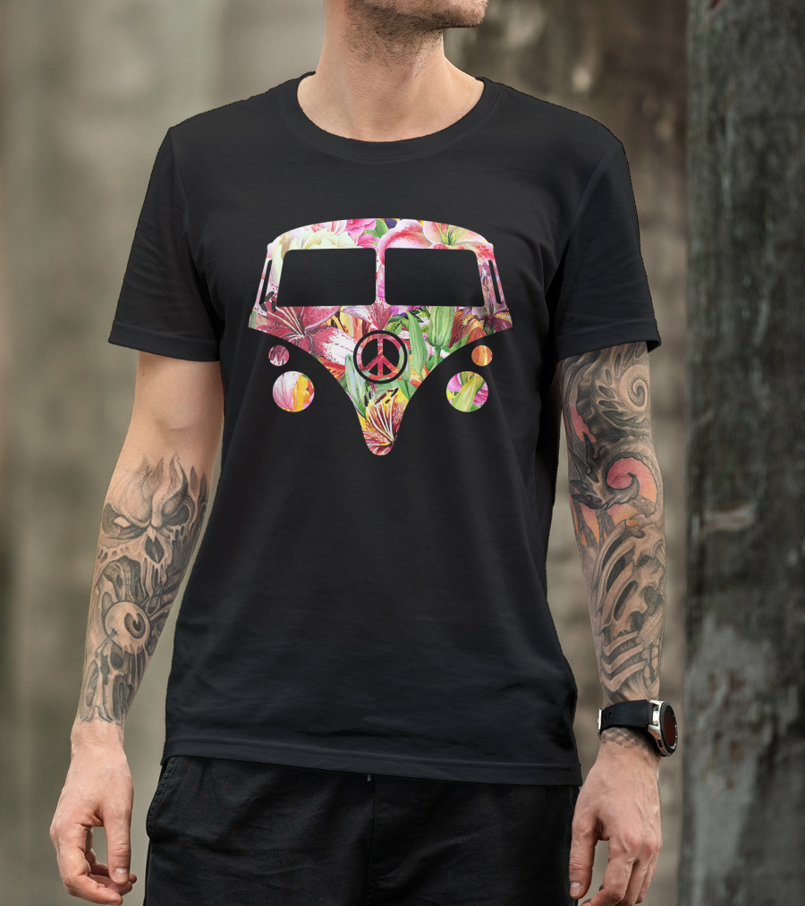 Peace Sign Floral Hippy Camper Van With Colorful Flower T-Shirt