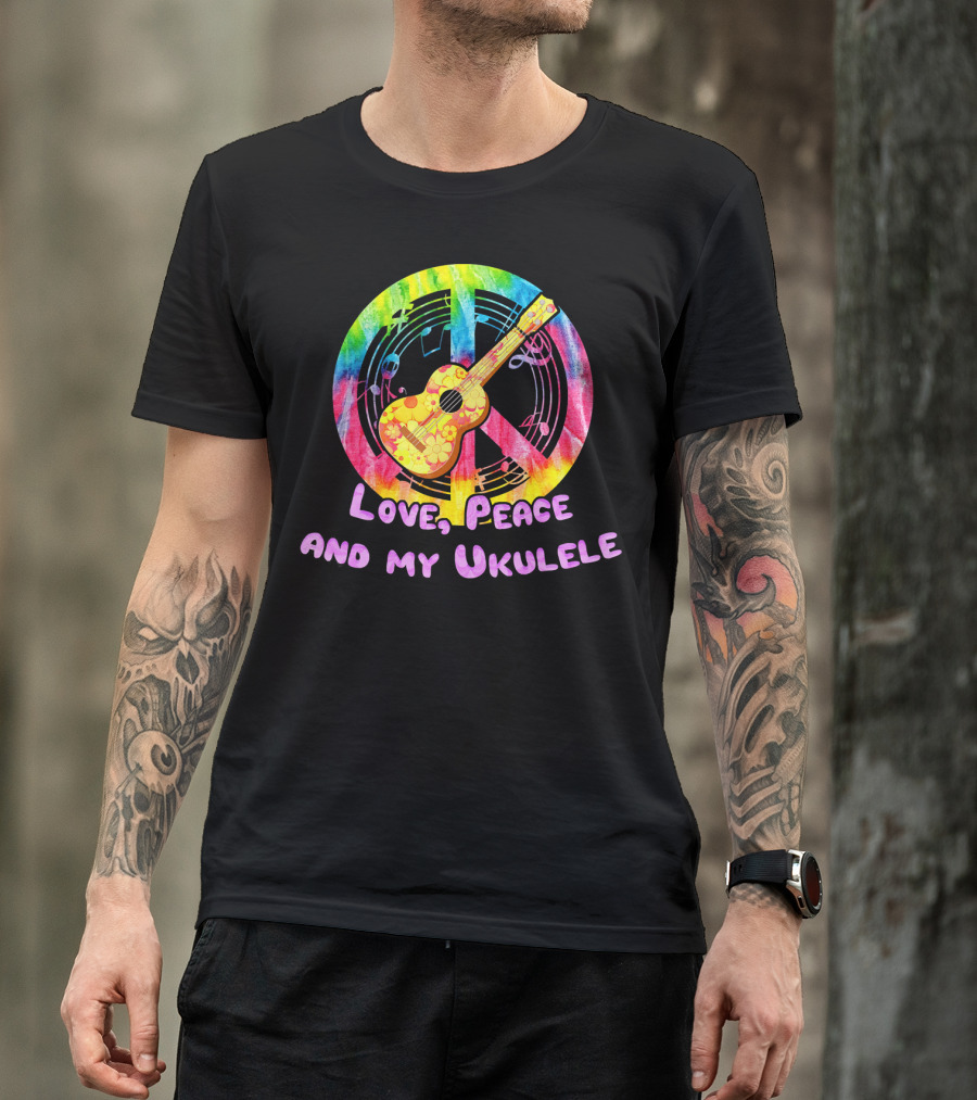 Love Peace And My Ukulele Music Hippi Rainbow Guitar Peace Sign T-Shirt