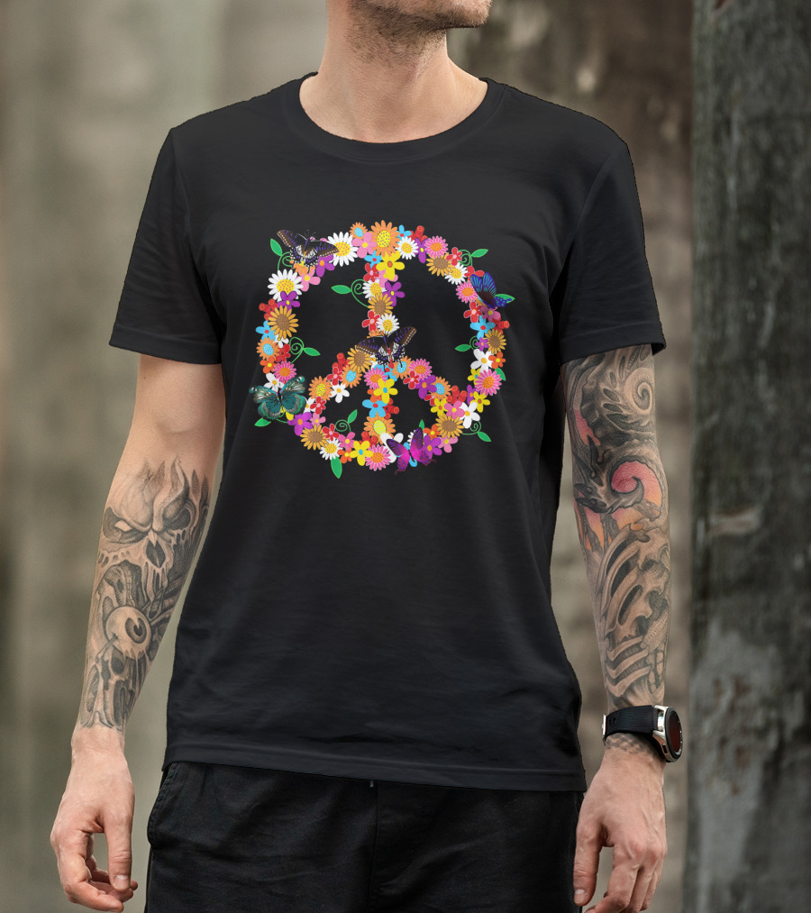 Fluttering Spring Flowers Peace Sign T-Shirt