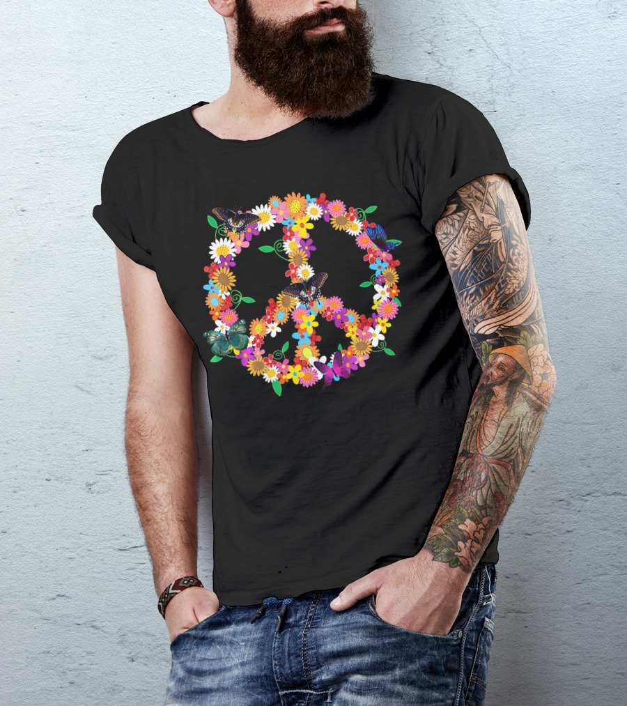 Fluttering Spring Flowers Peace Sign T-Shirt
