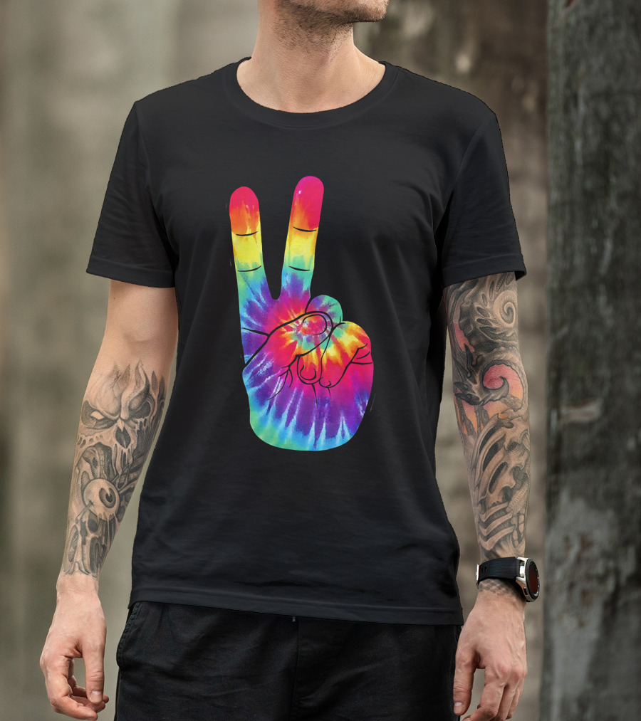 Tie Dye Peace Sign Hand Gesture Rainbow Victory T-Shirt