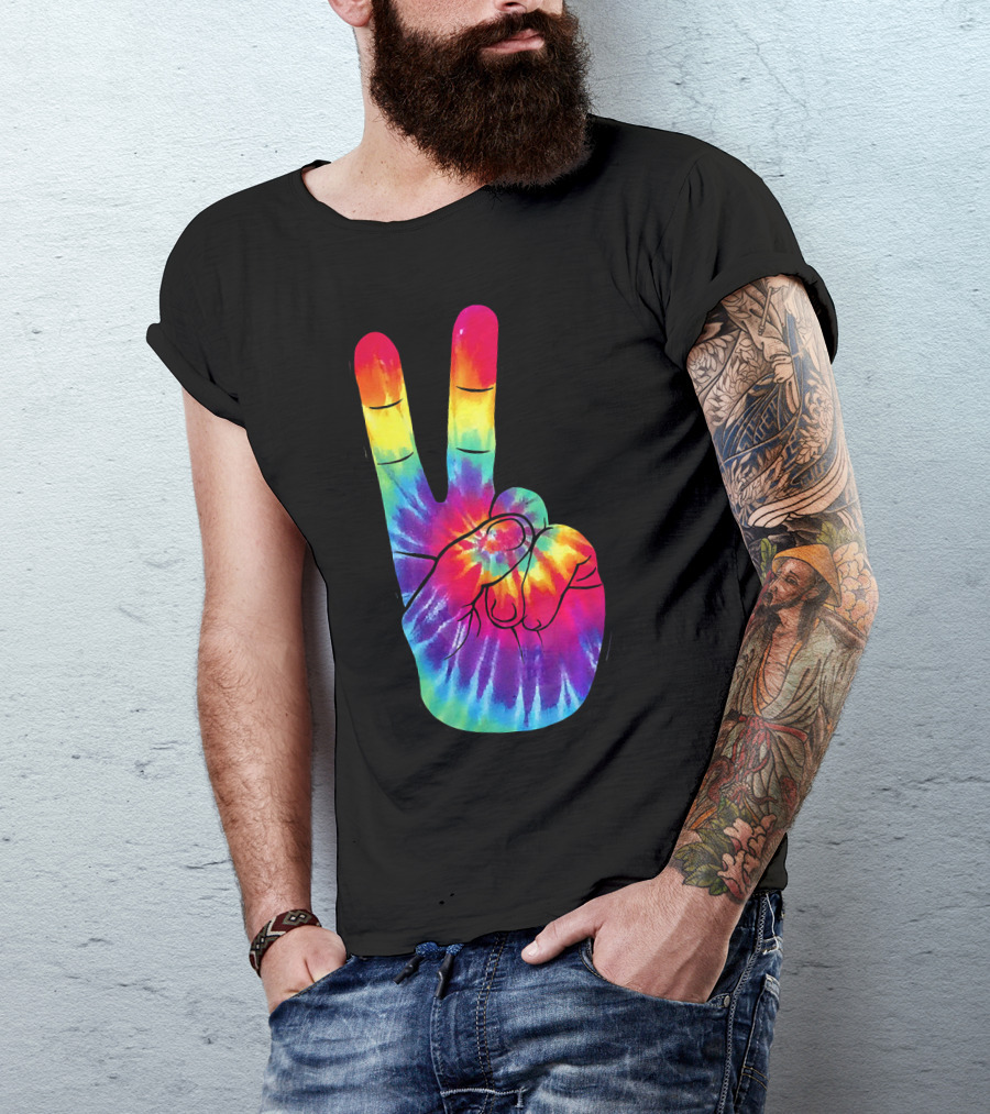 Tie Dye Peace Sign Hand Gesture Rainbow Victory T-Shirt