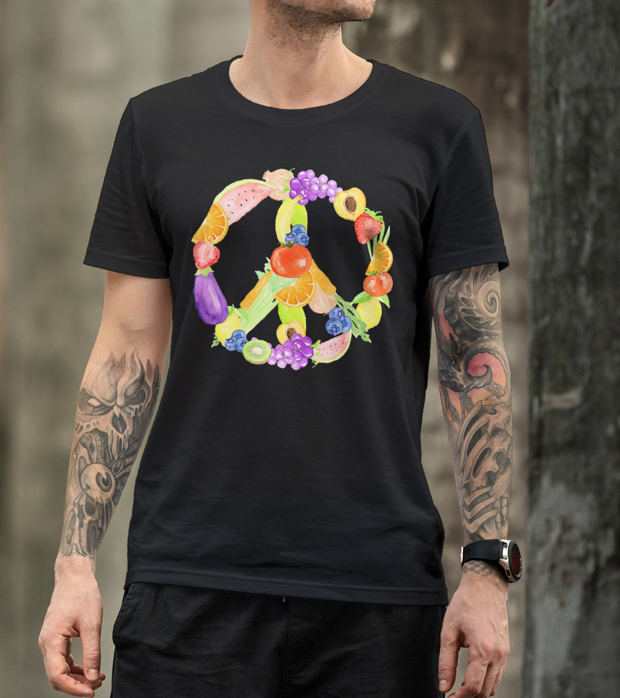 Vegan Fruits Vegetables Peace Sign Watermelon Orange Strawberry Eggplant Banana Kiwi T-Shirt