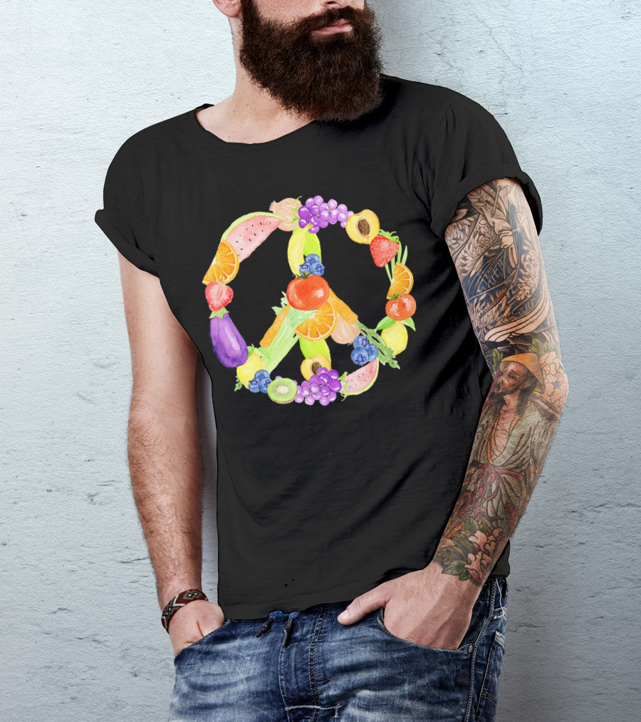 Vegan Fruits Vegetables Peace Sign Watermelon Orange Strawberry Eggplant Banana Kiwi T-Shirt