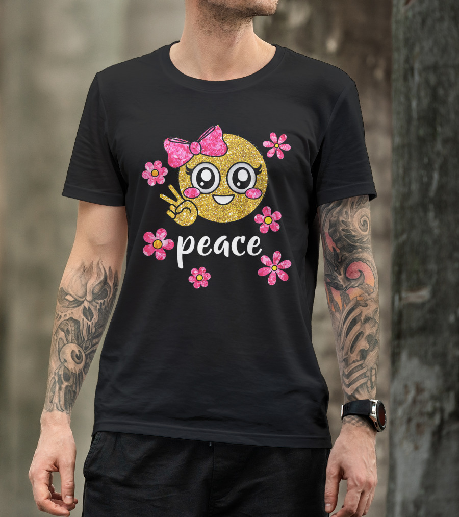 Cute Kawaii Emoji Glitter Peace Sign With Pink Flowers T-Shirt