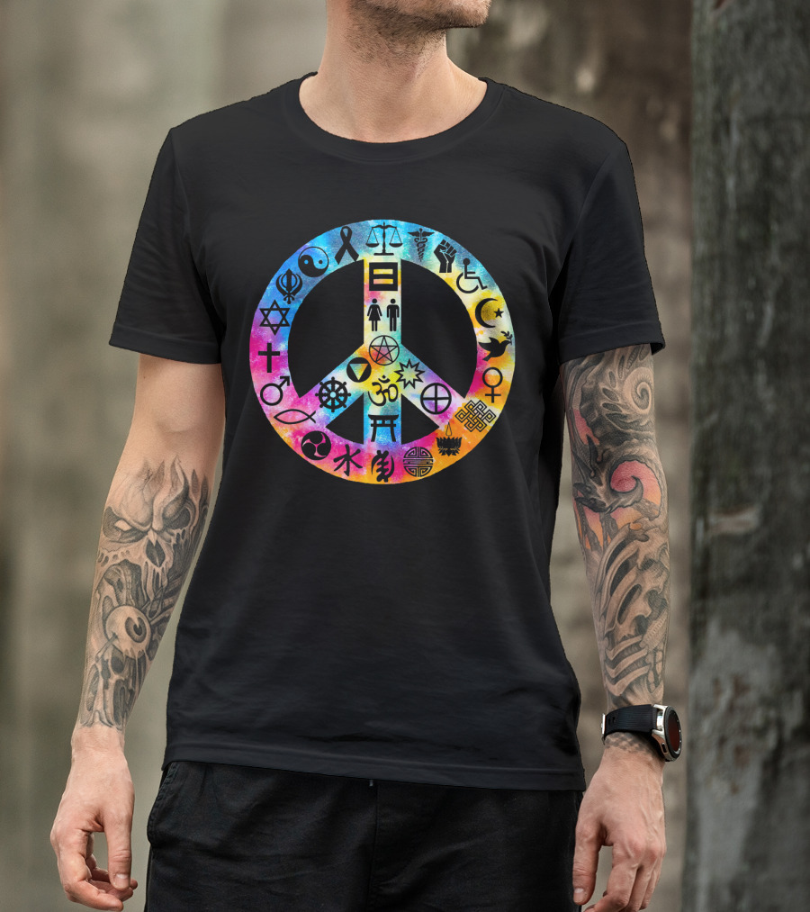 Human Rights Peace Symbol Tie Dye With Diverse Religious And Cultural Icons T-Shirt