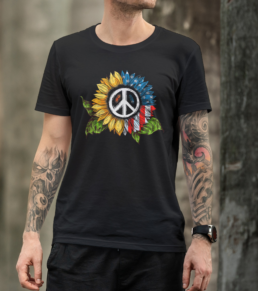 Sunflower Peace Sign American Flag T-Shirt