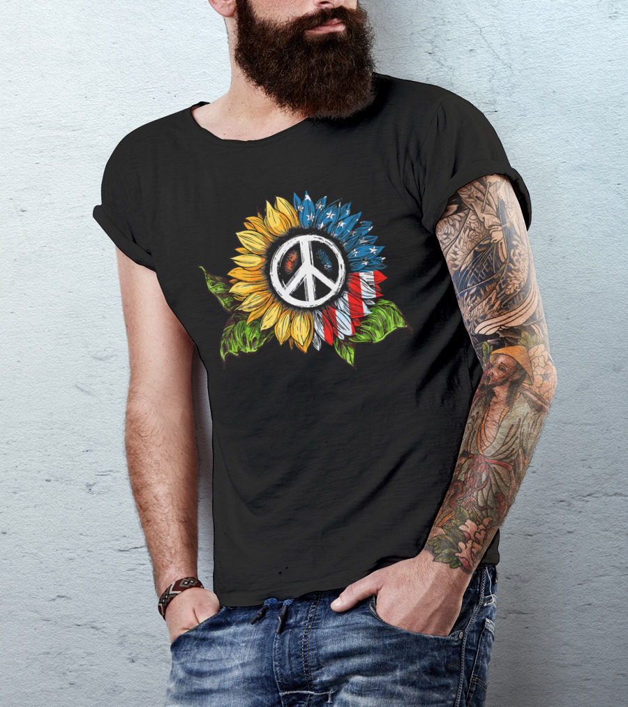 Sunflower Peace Sign American Flag T-Shirt