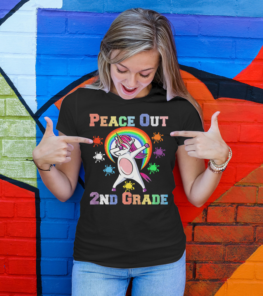 Peace Out 2nd Grade Unicorn Dabbin Rainbow Splash T-Shirt