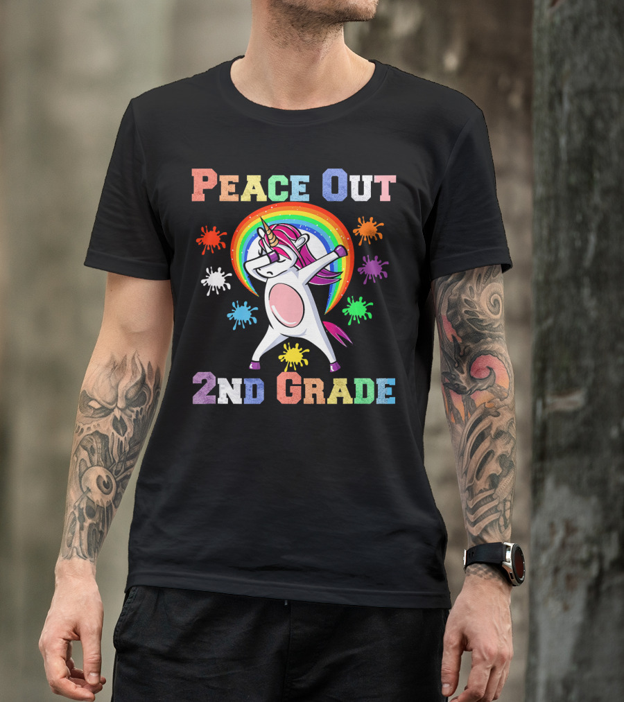 Peace Out 2nd Grade Unicorn Dabbin Rainbow Splash T-Shirt