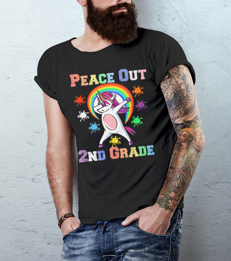 Peace Out 2nd Grade Unicorn Dabbin Rainbow Splash T-Shirt