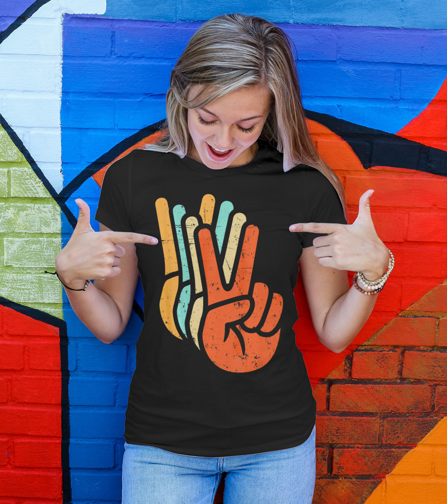 Retro Vintage Multicolor Peace Sign Hand T-Shirt