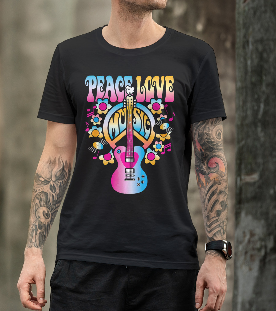 PEACE LOVE MUSIC Retro Rock And Roll Guitar Groovy 60s Style With Flowers And Peace T-Shirt