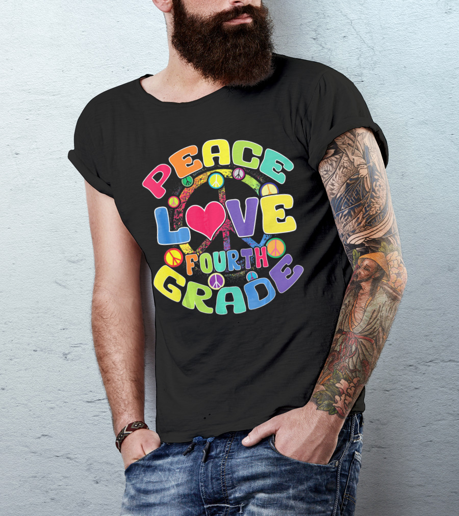 Peace Love Fourth Grade Back To School Groovy Rainbow Peace Signs T-Shirt