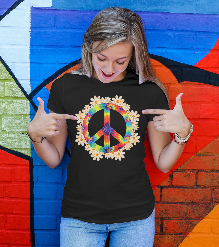 Rainbow Tie-Dye Peace Sign With Daisy Border T-Shirt