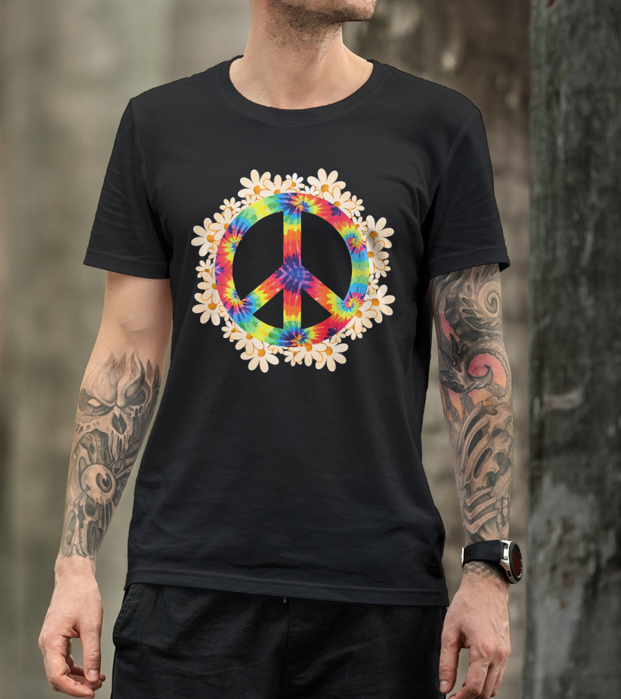 Rainbow Tie-Dye Peace Sign With Daisy Border T-Shirt