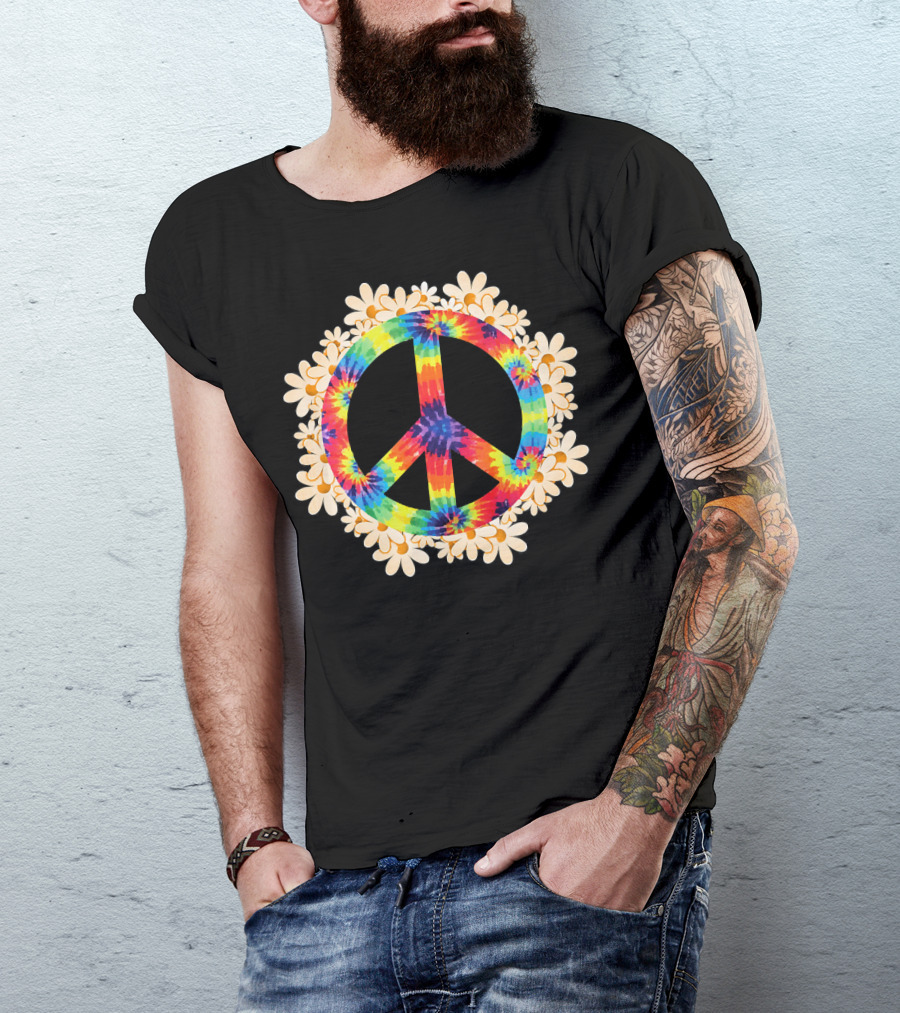Rainbow Tie-Dye Peace Sign With Daisy Border T-Shirt