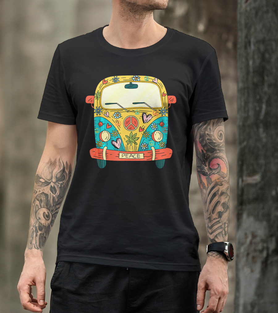 Peace Hippie Van Colorful Flowers And Hearts T-Shirt