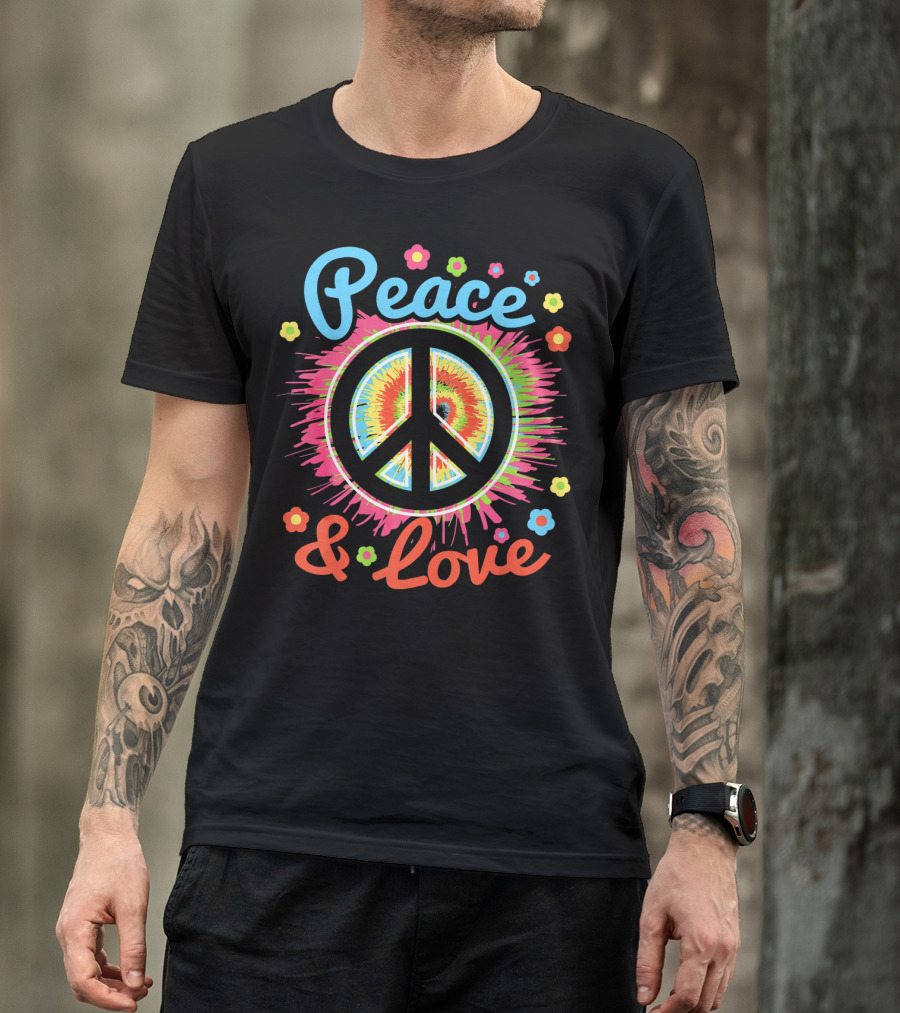Peace And Love Tie-Dye Peace Sign With Colorful Flowers T-Shirt
