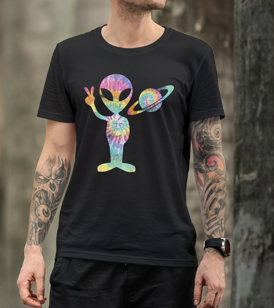 Funny Tie Dye Alien Peace Sign With Planet T-Shirt