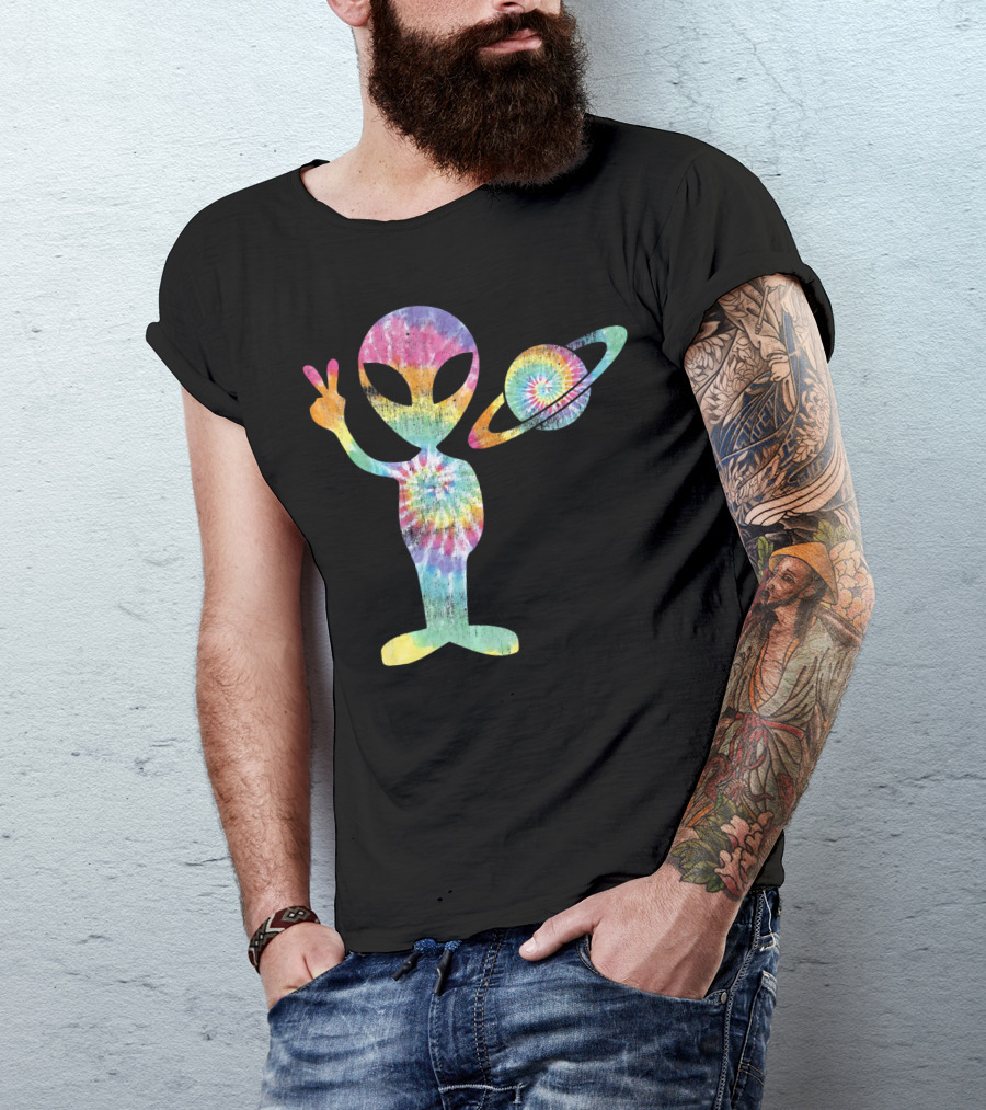 Funny Tie Dye Alien Peace Sign With Planet T-Shirt