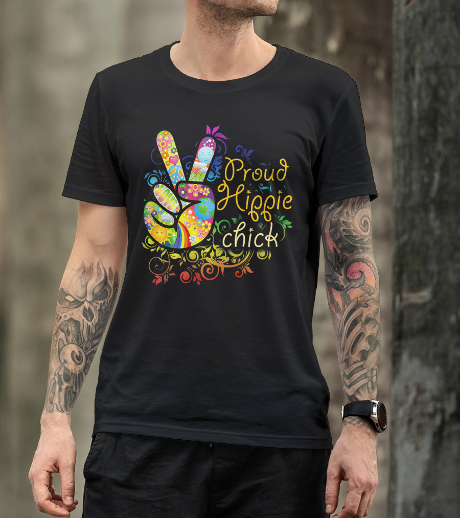 Proud Hippie Chick Peace Sign With Colorful Floral T-Shirt