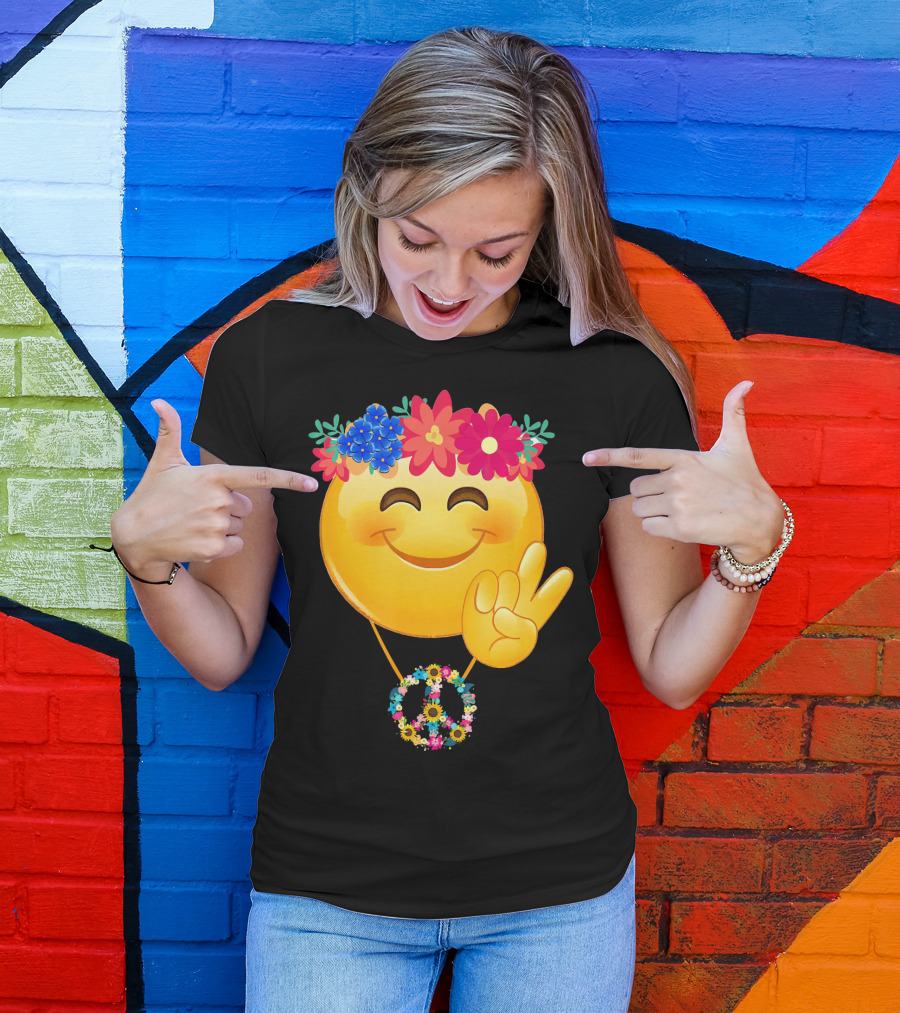 Hippie Flower Power Crown Smiley Peace Sign Necklace T-Shirt