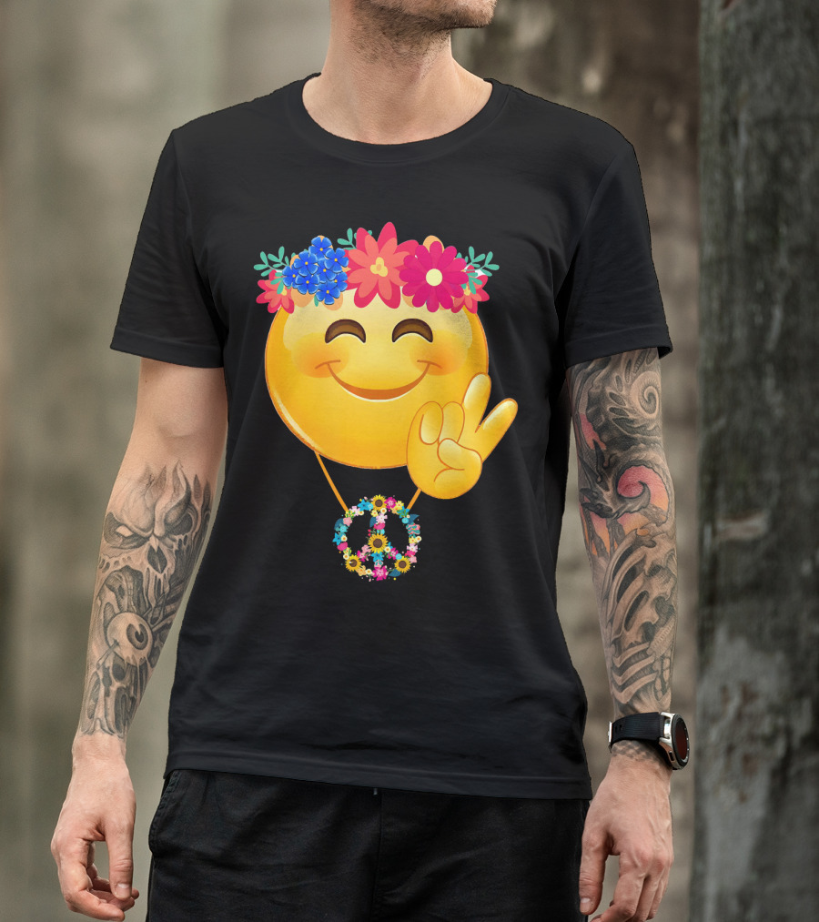 Hippie Flower Power Crown Smiley Peace Sign Necklace T-Shirt
