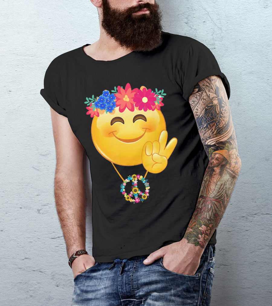 Hippie Flower Power Crown Smiley Peace Sign Necklace T-Shirt