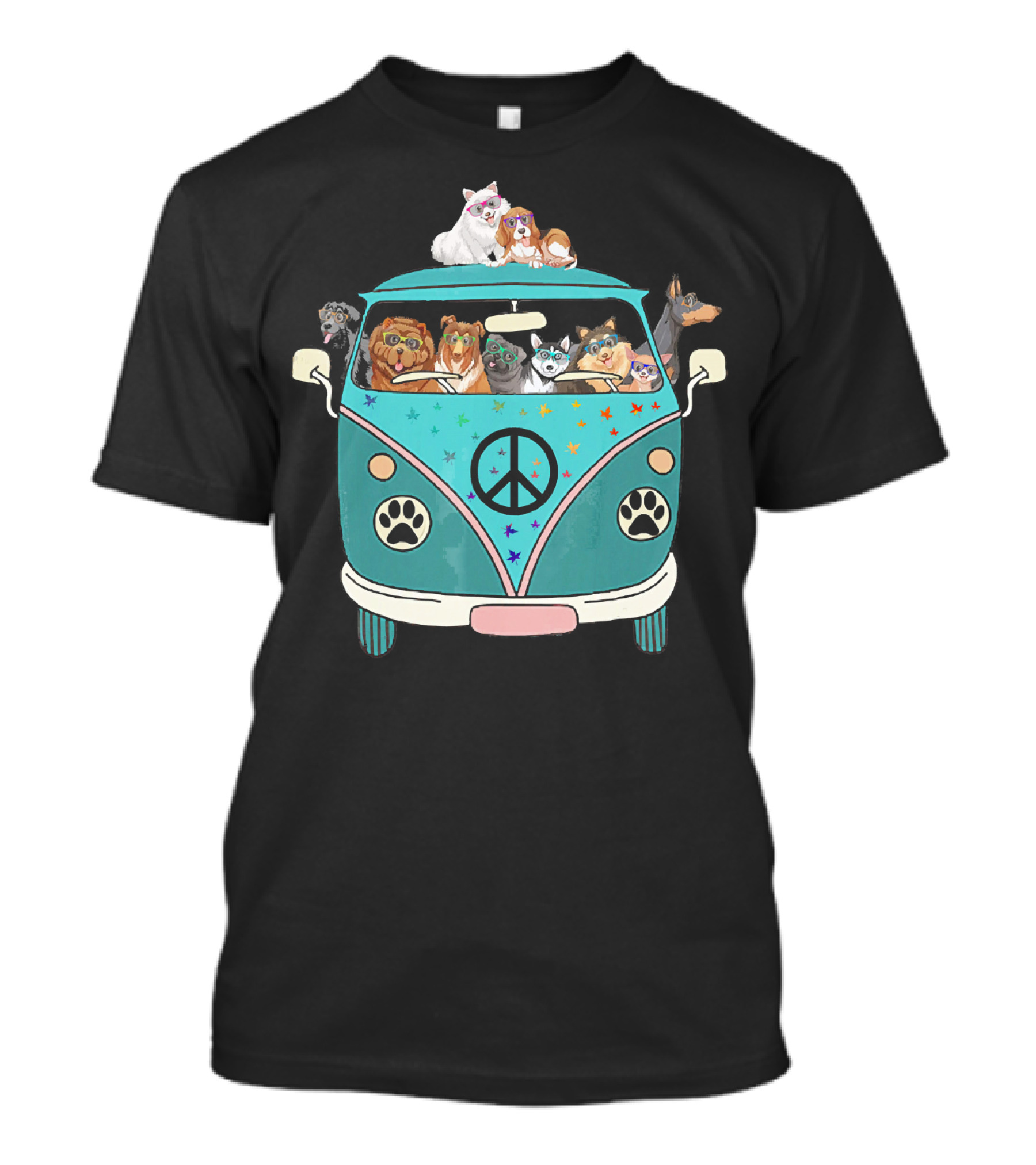 Dogs Riding A Peace Sign Paw Print Bus T-Shirt