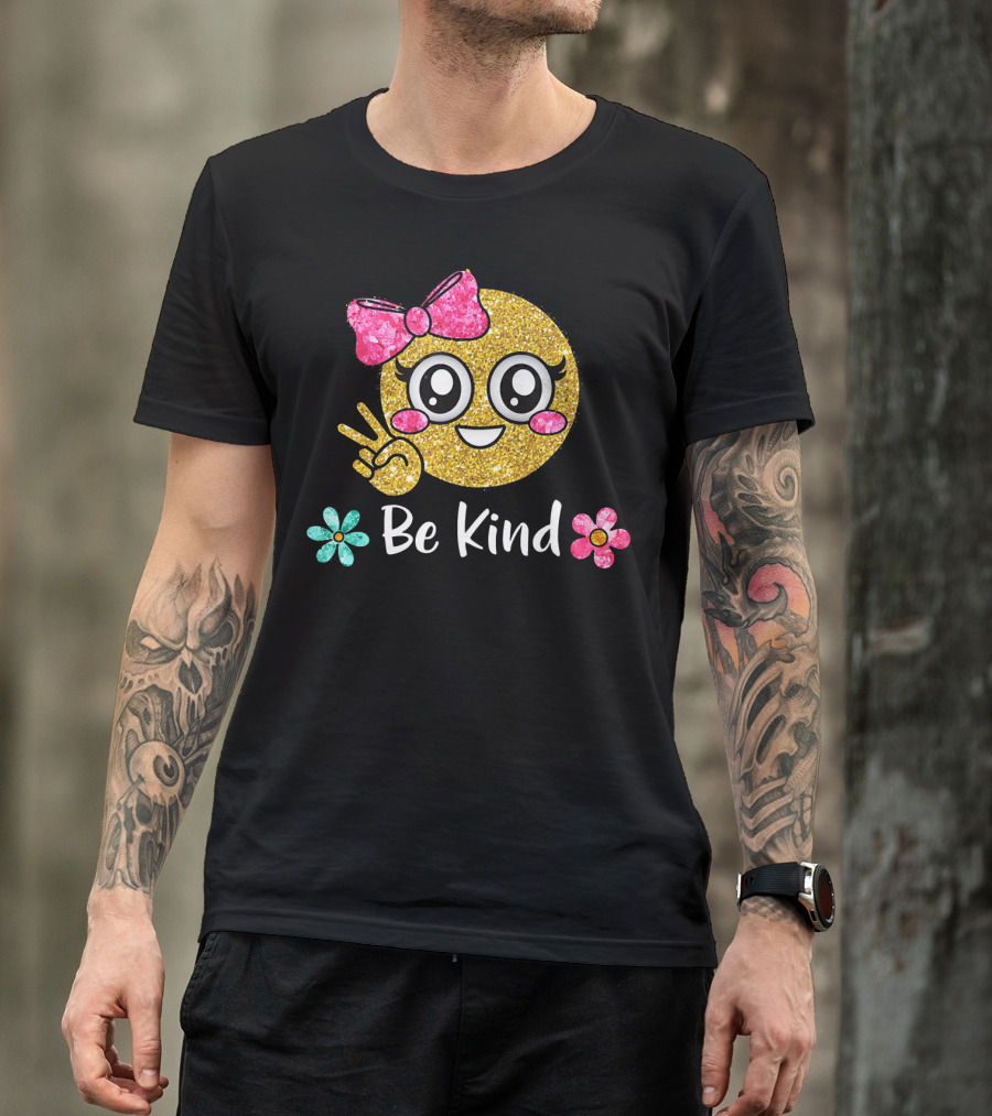 Be Kind Glitter Emoji Kawaii With Pink Bow And Flowers T-Shirt