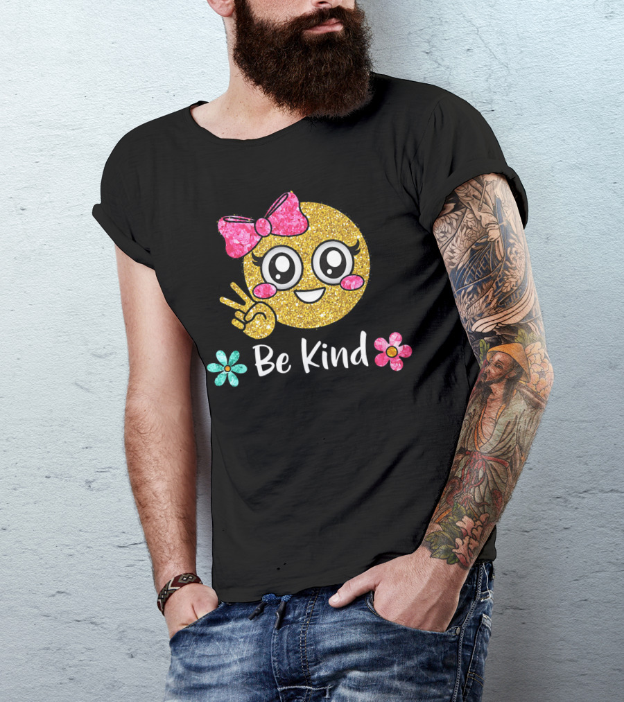 Be Kind Glitter Emoji Kawaii With Pink Bow And Flowers T-Shirt
