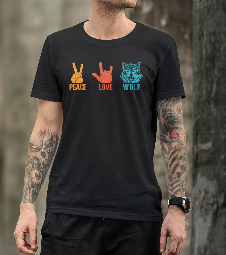 Peace Love Wolf Hand Signs Vintage Wolf Head T-Shirt
