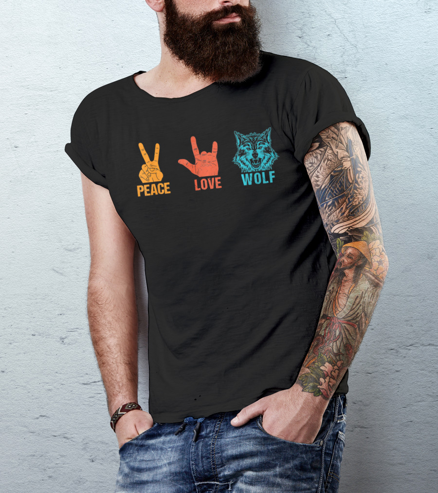 Peace Love Wolf Hand Signs Vintage Wolf Head T-Shirt