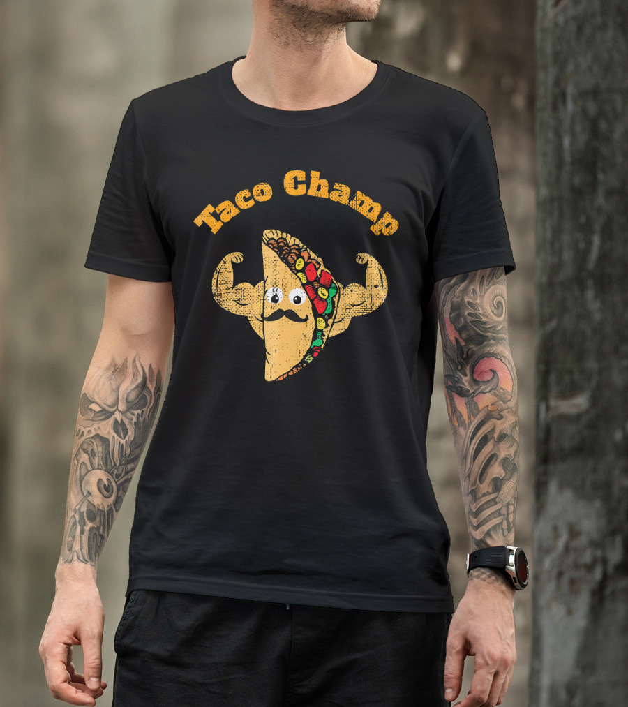 Taco Champ Flexing Strong Mustache Taco Emoji T-Shirt