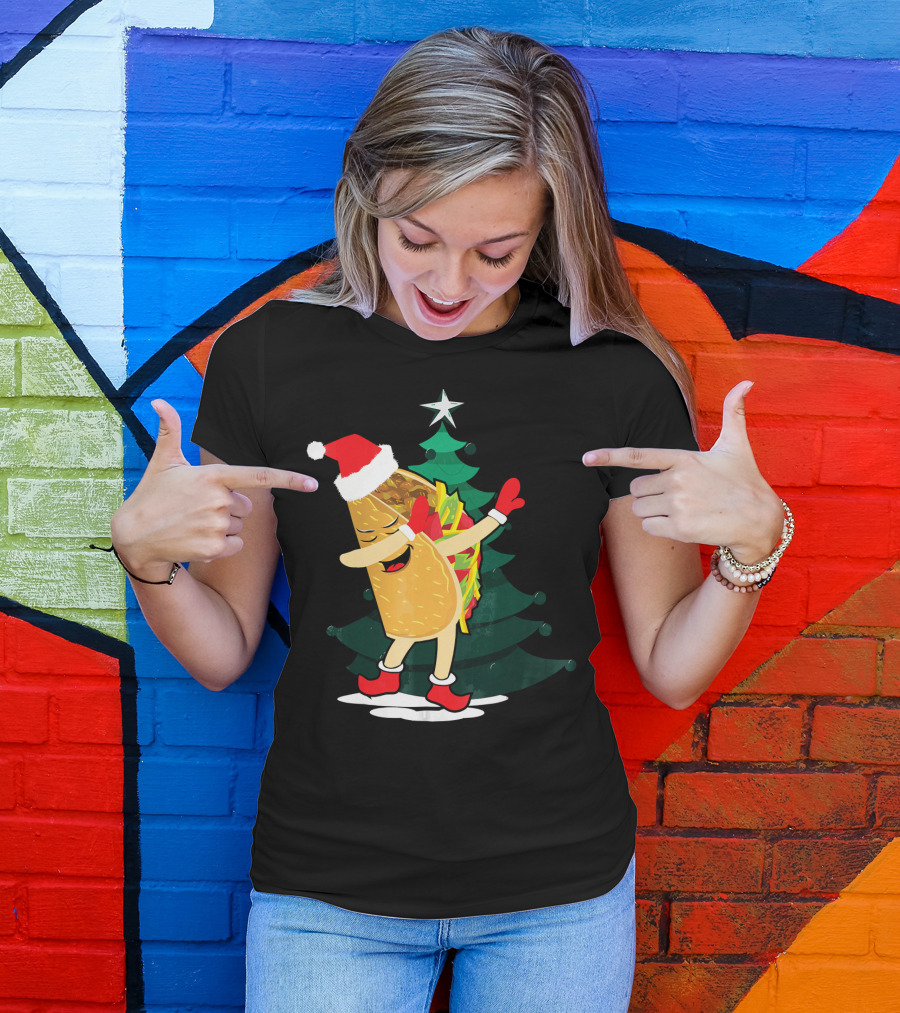 Dabbing Taco Christmas Santa Hat And Tree T-Shirt