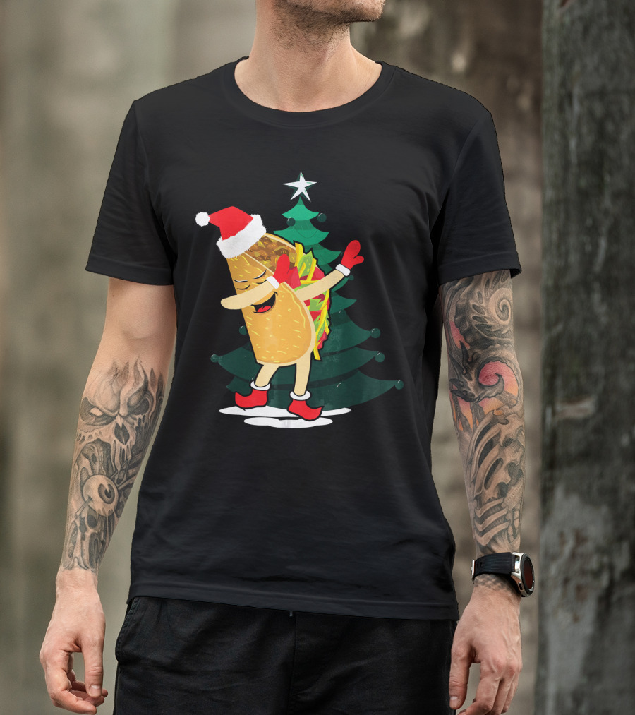 Dabbing Taco Christmas Santa Hat And Tree T-Shirt